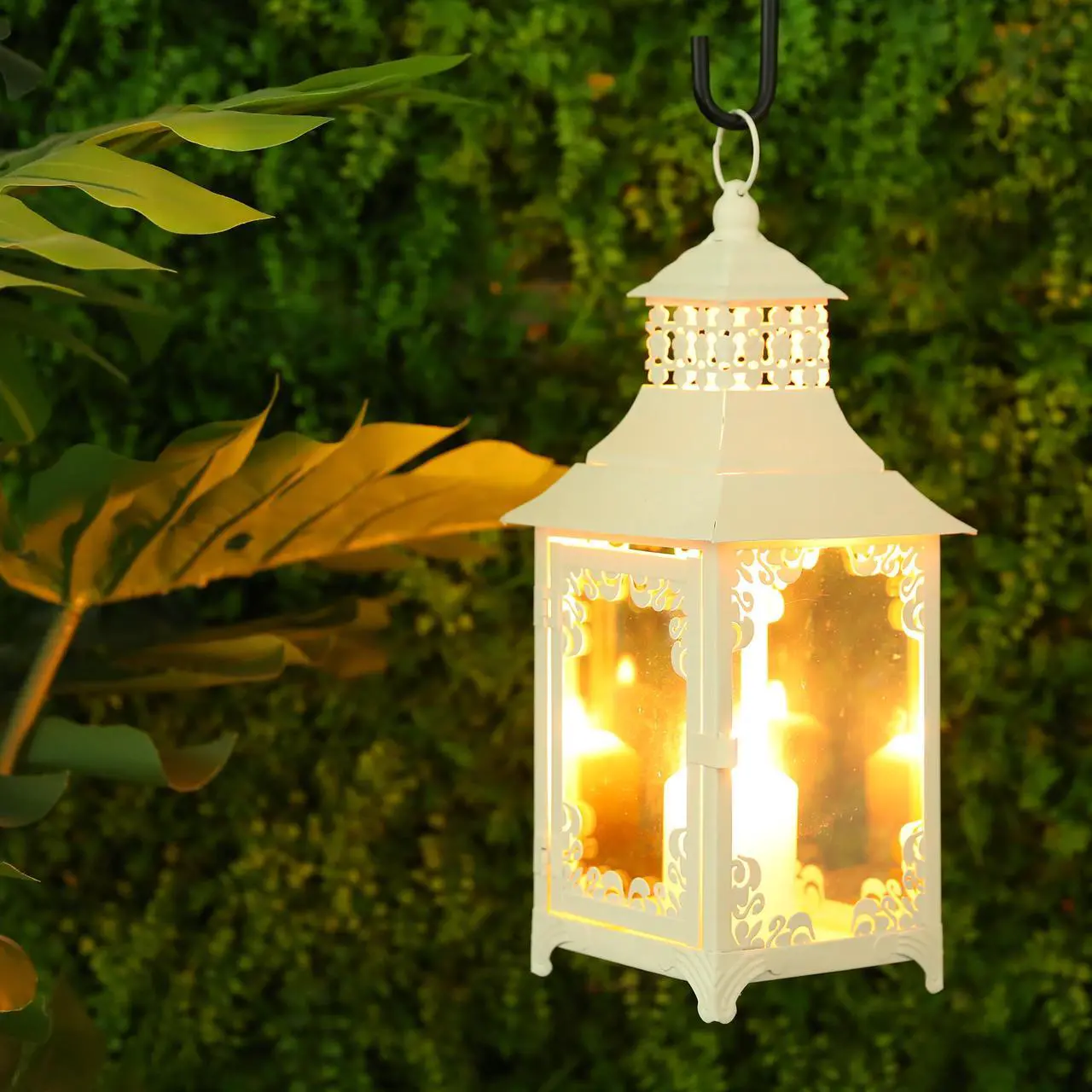Alt view image 4 of 7 - JHY DESIGN Decorative Candle Lantern 14.5''High Vintage Style Hanging Lantern Metal Candleholder for Indoor Outdoor Events Parities and WeddingsWhite