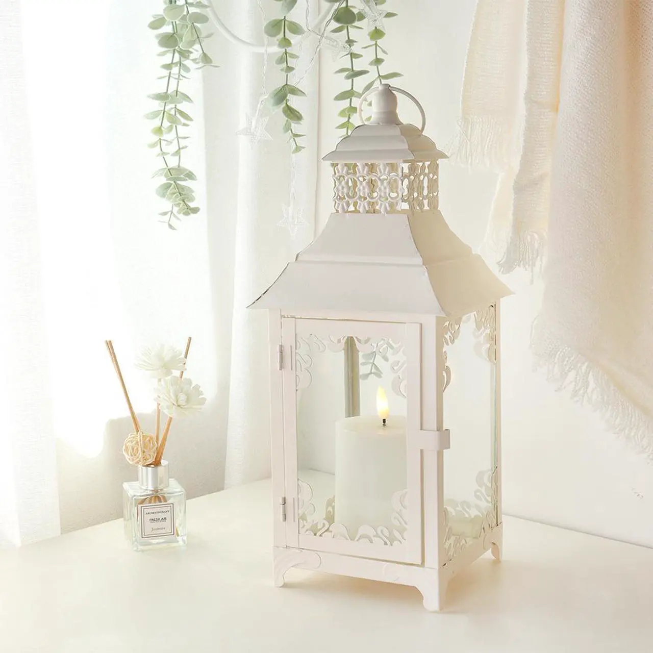 Alt view image 7 of 7 - JHY DESIGN Decorative Candle Lantern 14.5''High Vintage Style Hanging Lantern Metal Candleholder for Indoor Outdoor Events Parities and WeddingsWhite