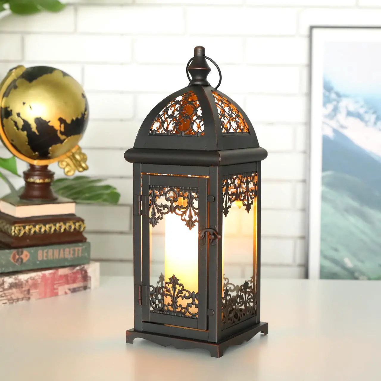 Alt view image 2 of 6 - JHY DESIGN Decorative Candle Lantern 15''High Metal Candle Lanterns Vintage Style Hanging Lantern for Indoor Outdoor Events Parities Weddings(Black with Red Brush)
