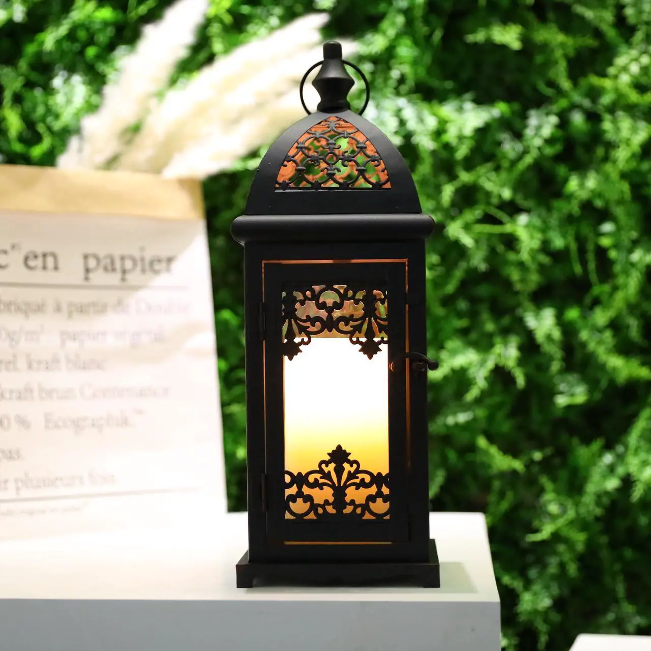 Alt view image 6 of 6 - JHY DESIGN Decorative Candle Lantern 15''High Metal Candle Lanterns Vintage Style Hanging Lantern for Indoor Outdoor Events Parities Weddings(Black with Red Brush)