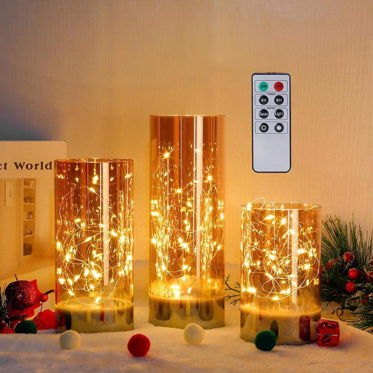 Alt view image 2 of 6 - JHY DESIGN Set of 3 Battery Table Lamp 6/8/10inch High Glass Decorative Lights with Fairy String Lights Battery Powered 8-Key Remote Control for Home Party Wedding Indoor Outdoor (Champagne Plated)