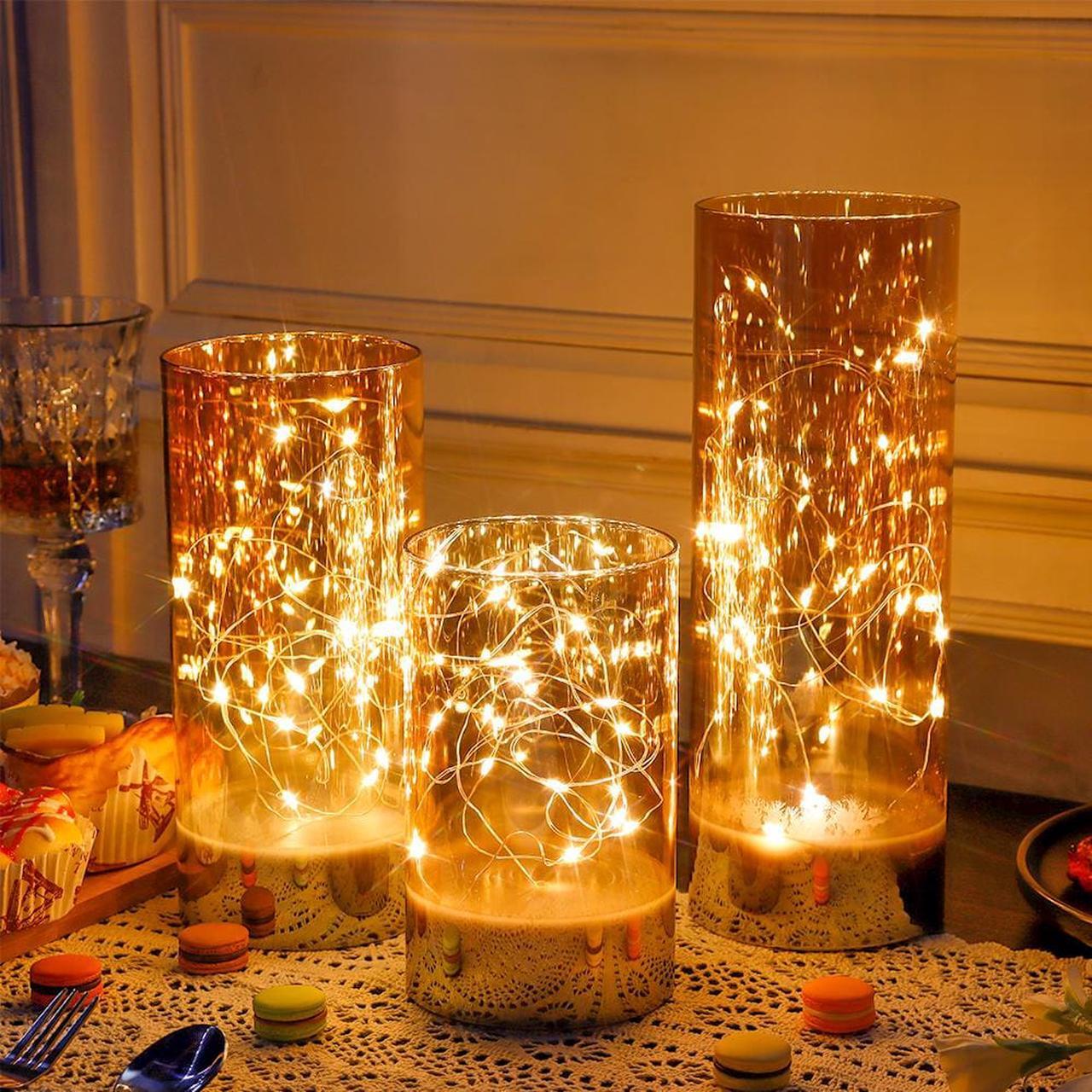 Alt view image 4 of 6 - JHY DESIGN Set of 3 Battery Table Lamp 6/8/10inch High Glass Decorative Lights with Fairy String Lights Battery Powered 8-Key Remote Control for Home Party Wedding Indoor Outdoor (Champagne Plated)