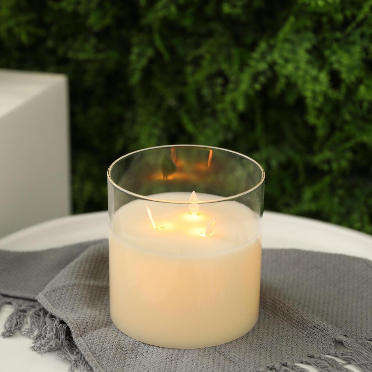 Alt view image 4 of 4 - JHY DESIGN Large 3-Wick Glass Flameless Candles 6''High Battery Operated Dancing Flame Flickering LED Pillar Candles with 6-Hour Timer Feature Moving Wick Large Candle for Home Wedding Party Festival