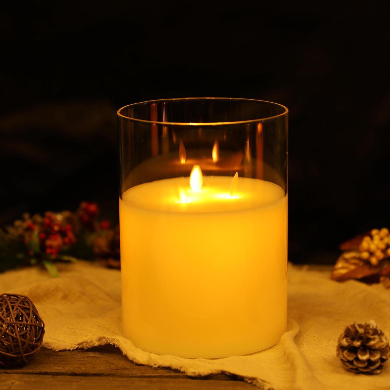 Alt view image 3 of 4 - JHY DESIGN 3-Wick Glass Flameless Candles 8''High Battery Operated Dancing Flame Flickering LED Pillar Candles with 6-Hour Timer Feature Real Wax Moving Wick Candle for Home Wedding Party Festival