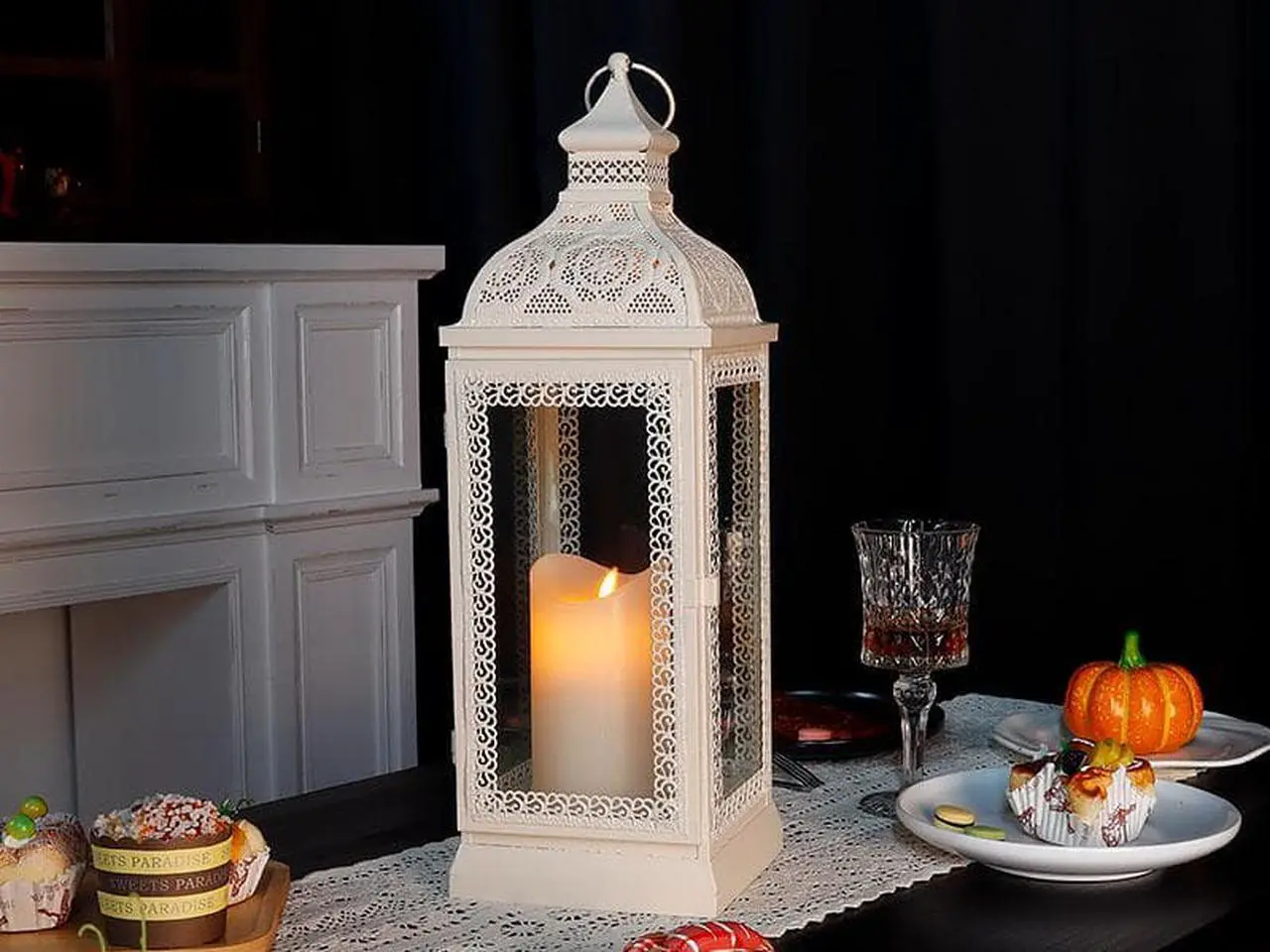 Alt view image 5 of 7 - Rustic Style Metal Candle Lantern 15.5'' High Decorative Hanging Lantern Candle Holder with Tempered Glass Perfect for Living Room Garden Yard Patio Parties Events Indoors Outdoors(White)