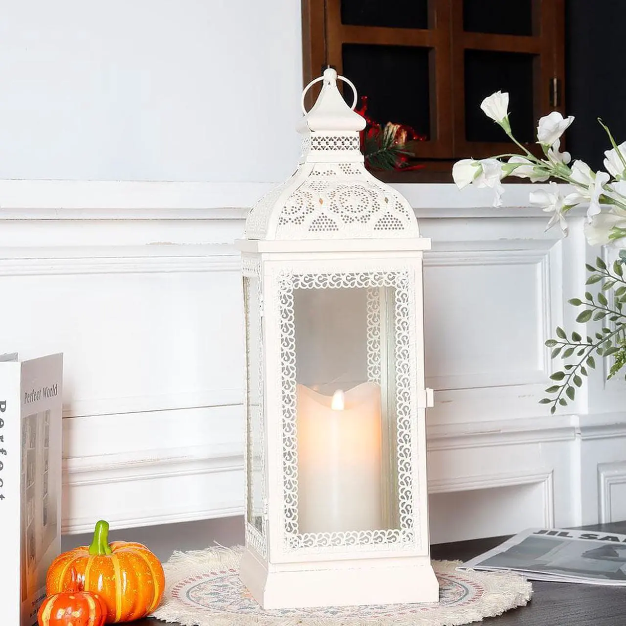 Alt view image 6 of 7 - Rustic Style Metal Candle Lantern 15.5'' High Decorative Hanging Lantern Candle Holder with Tempered Glass Perfect for Living Room Garden Yard Patio Parties Events Indoors Outdoors(White)