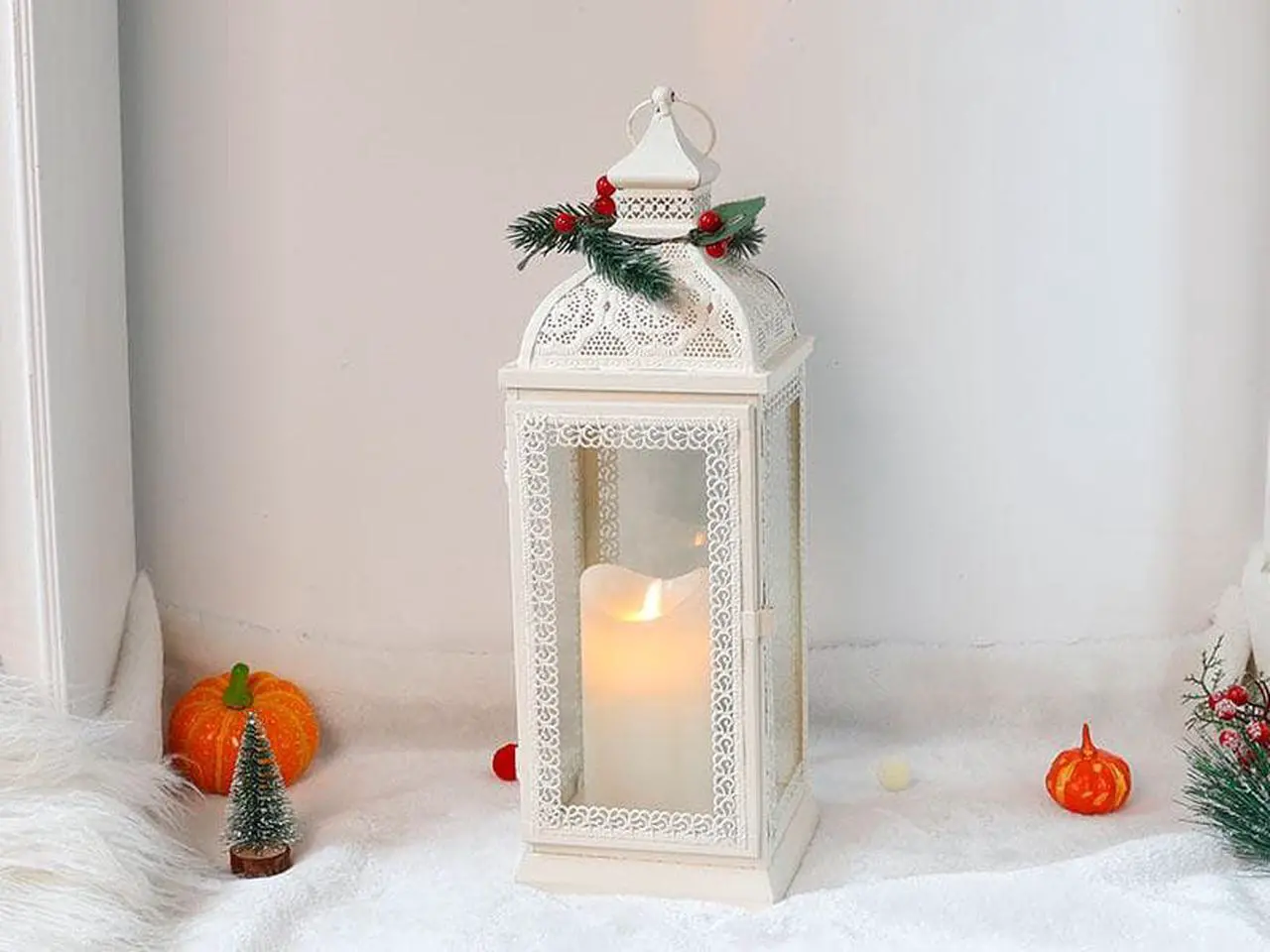 Alt view image 7 of 7 - Rustic Style Metal Candle Lantern 15.5'' High Decorative Hanging Lantern Candle Holder with Tempered Glass Perfect for Living Room Garden Yard Patio Parties Events Indoors Outdoors(White)