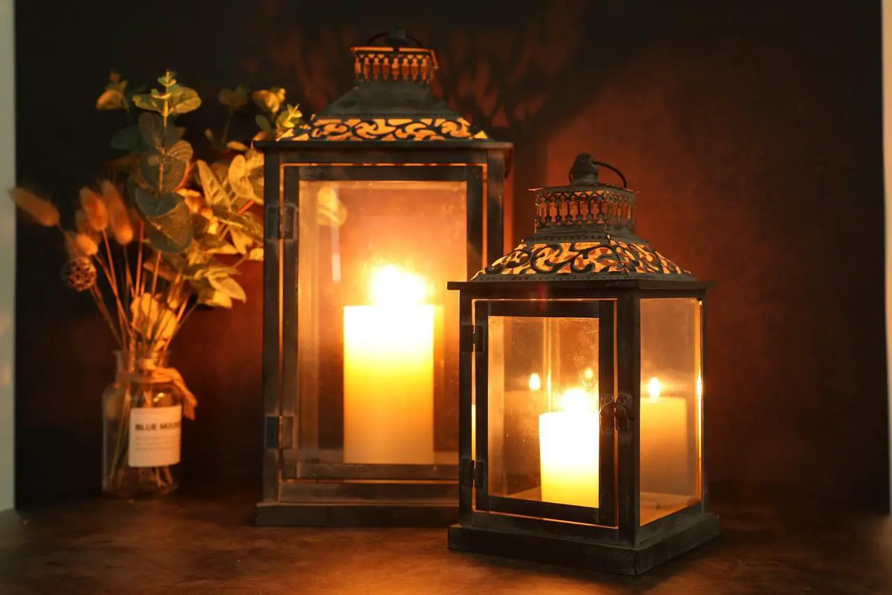 Alt view image 4 of 6 - JHY DESIGN Set of 2 Antique Grey Brush Decorative Lanterns Metal Candle Lanterns for Indoor Outdoor Events Paritie and Weddings Vintage Style Hanging Lantern(with Glass)