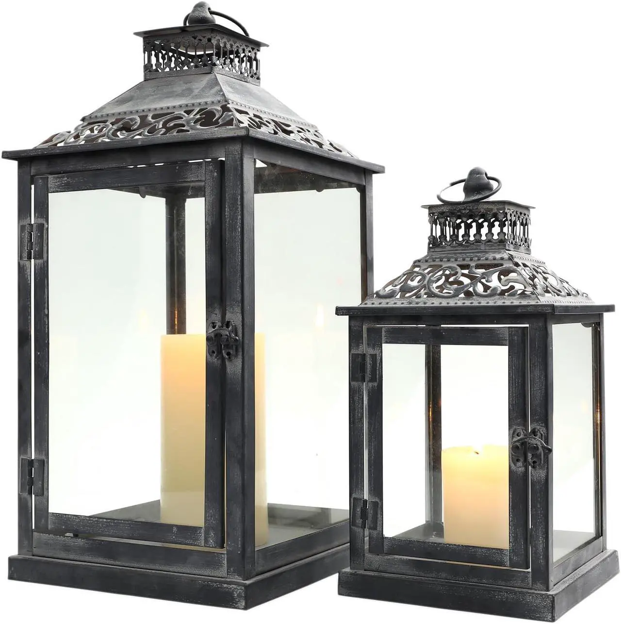 Alt view image 5 of 6 - JHY DESIGN Set of 2 Antique Grey Brush Decorative Lanterns Metal Candle Lanterns for Indoor Outdoor Events Paritie and Weddings Vintage Style Hanging Lantern(with Glass)