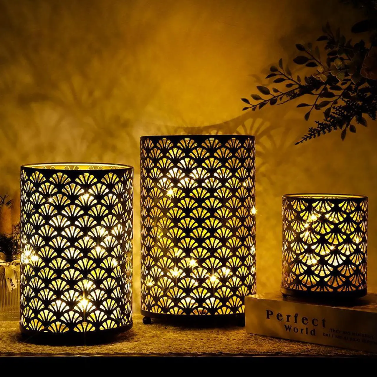 Alt view image 4 of 6 - JHY DESIGN Set of 3 Metal Candle Holders Bronze Hurricane Pillar Candleholder Vintage Table Candlestick Holders Great Centerpieces for Home Decor Wedding Parties Events