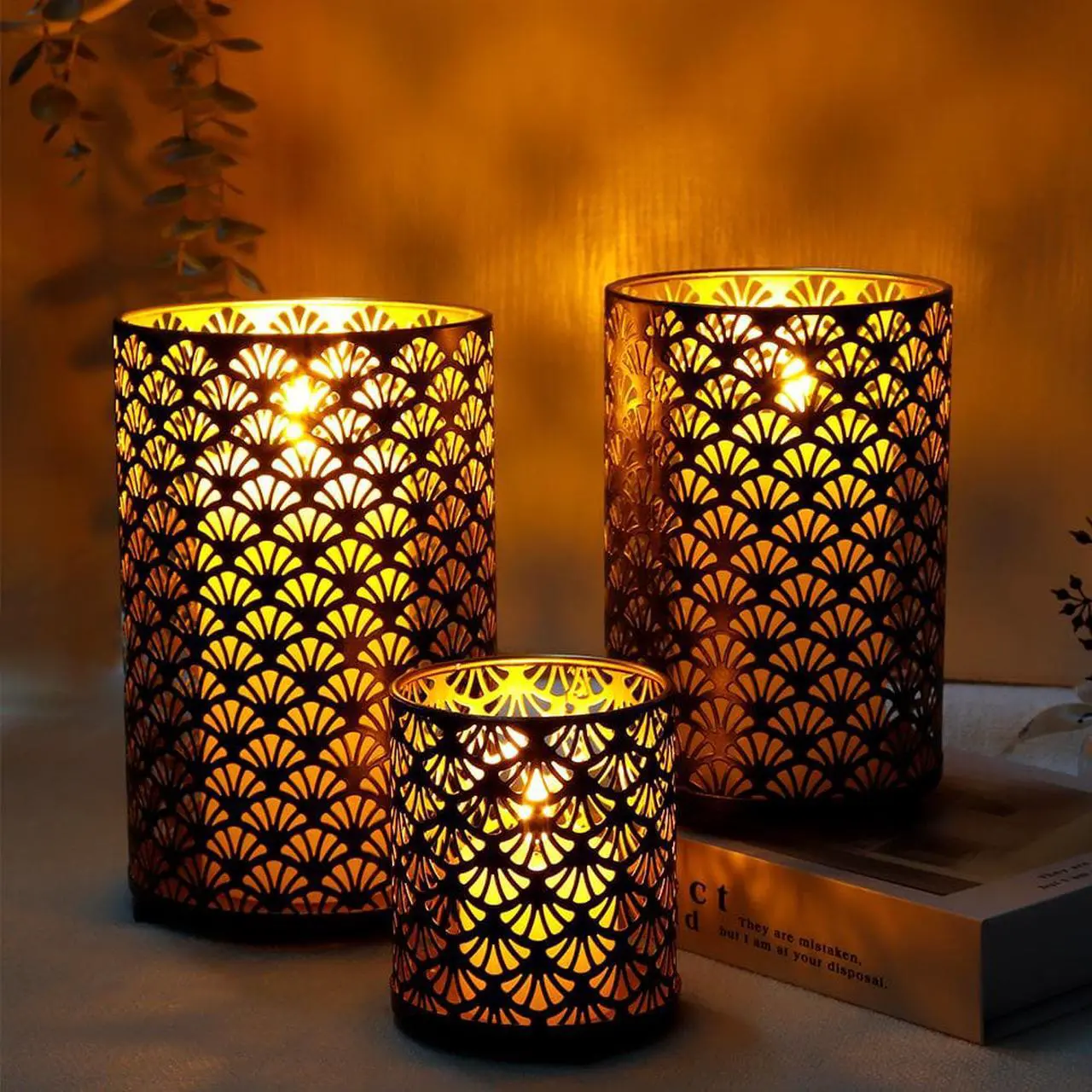 Alt view image 2 of 6 - JHY DESIGN Set of 3 Metal Candle Holders Bronze Hurricane Pillar Candleholder Vintage Table Candlestick Holders Great Centerpieces for Home Decor Wedding Parties Events