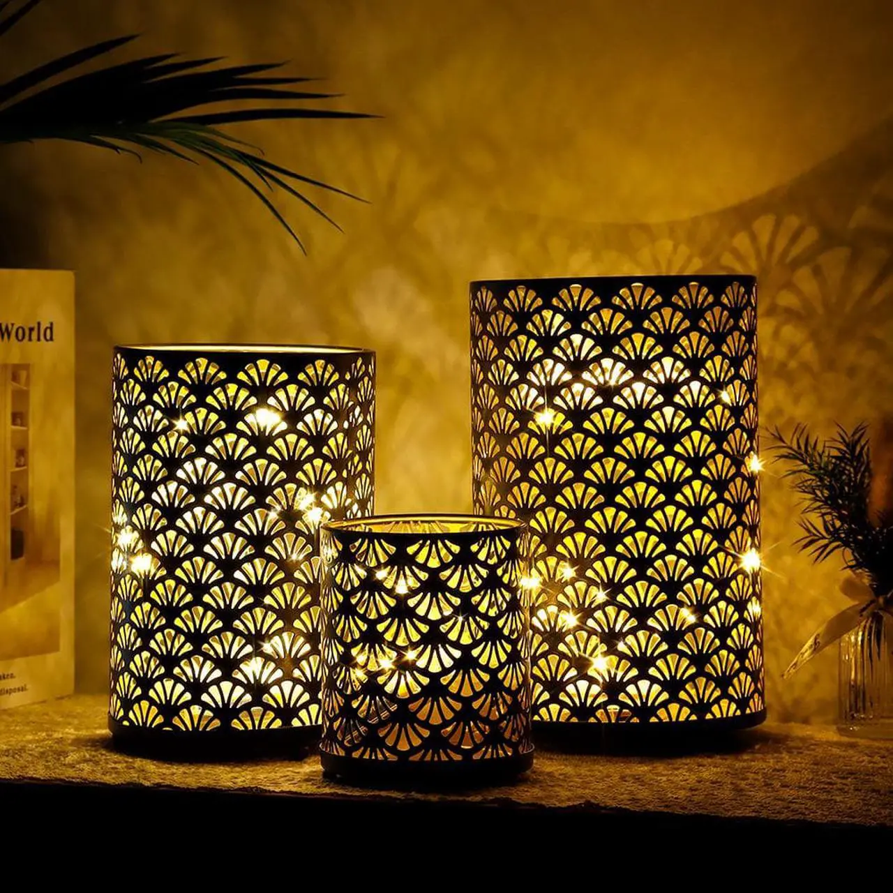 Alt view image 5 of 6 - JHY DESIGN Set of 3 Metal Candle Holders Bronze Hurricane Pillar Candleholder Vintage Table Candlestick Holders Great Centerpieces for Home Decor Wedding Parties Events