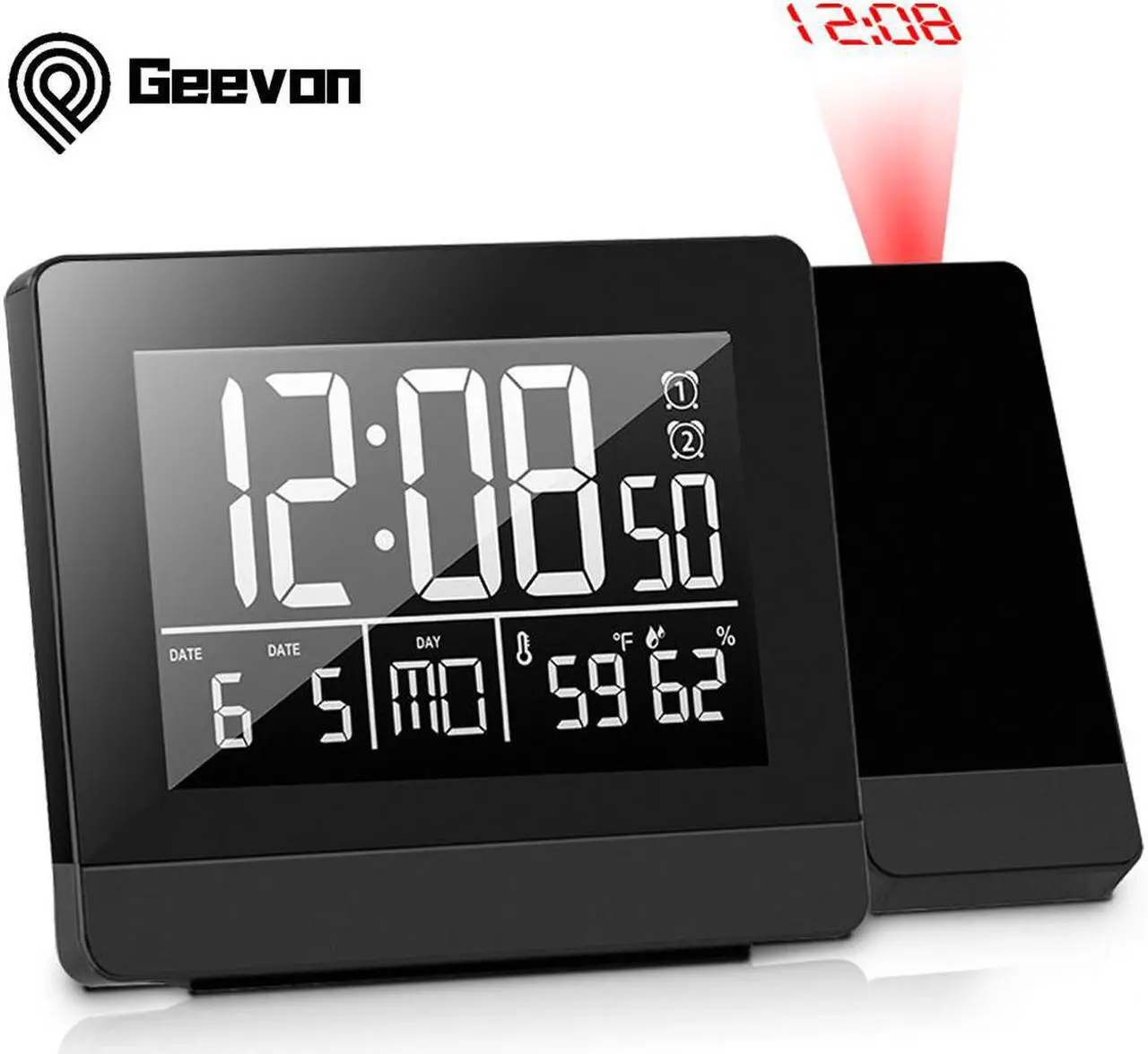 Main image of Geevon Projection Clock With Temperature And Humidity Table Watch USB Digital LED Date Snooze Function Projector Alarm Clocks