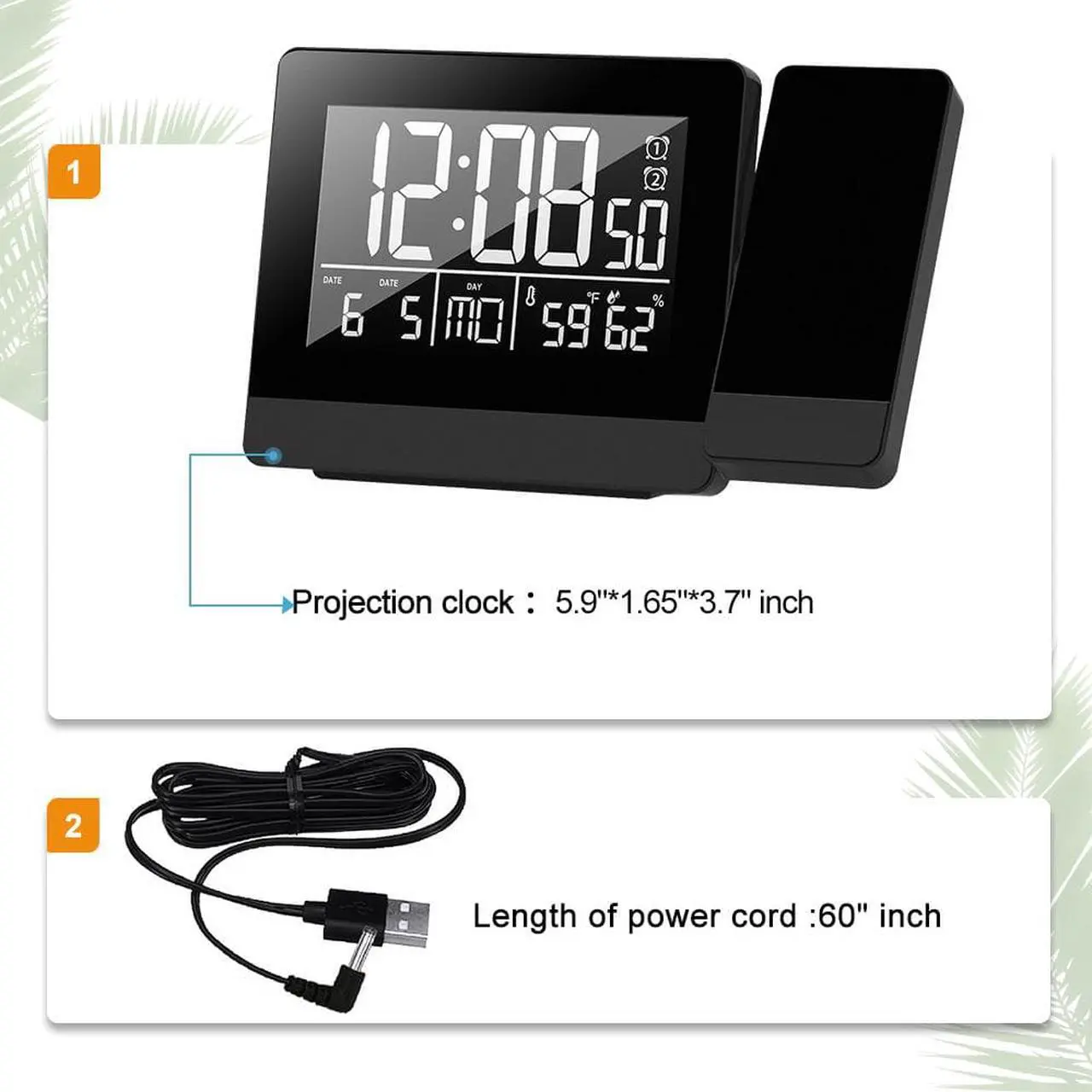 Alt view image 3 of 7 - Geevon Projection Clock With Temperature And Humidity Table Watch USB Digital LED Date Snooze Function Projector Alarm Clocks