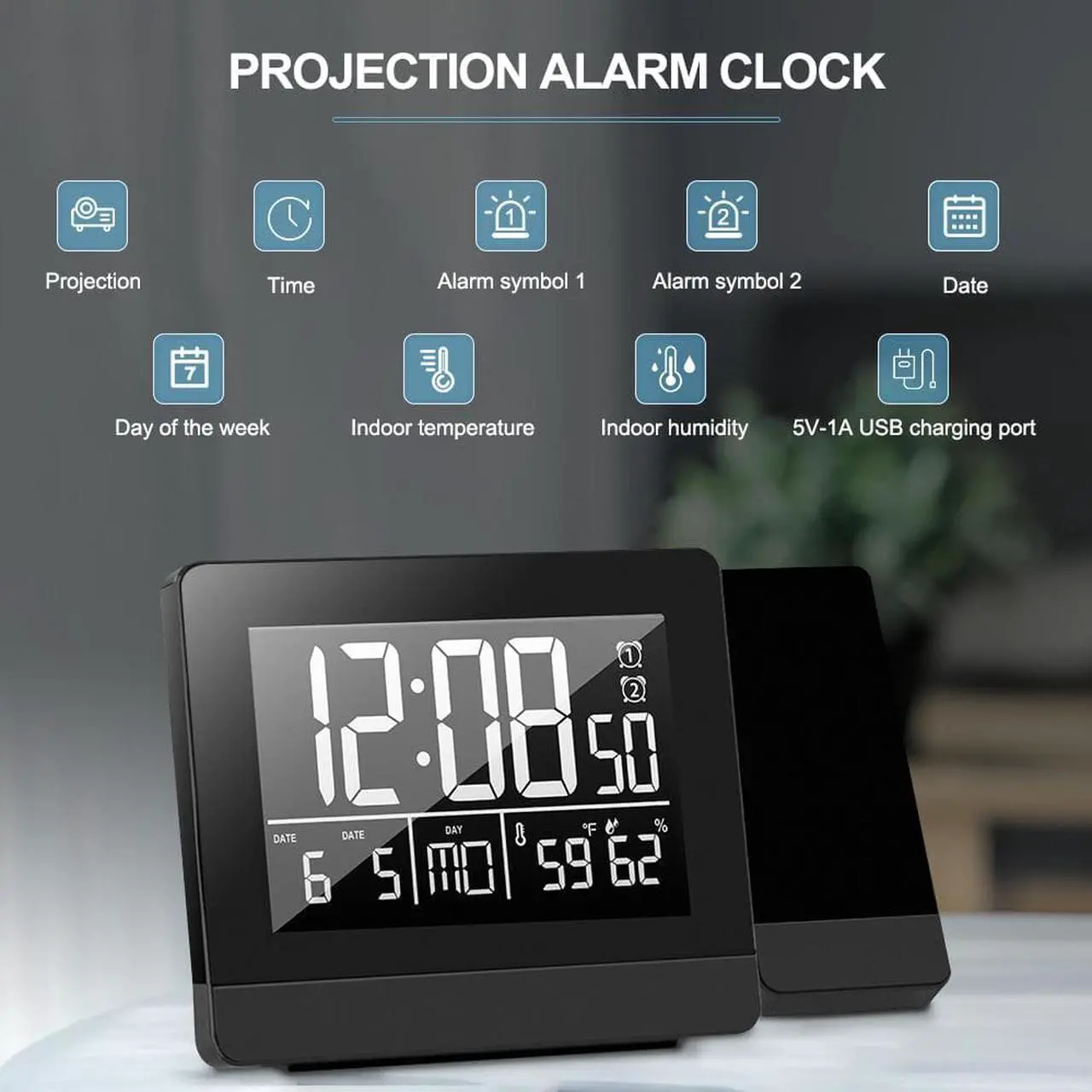 Alt view image 2 of 7 - Geevon Projection Clock With Temperature And Humidity Table Watch USB Digital LED Date Snooze Function Projector Alarm Clocks