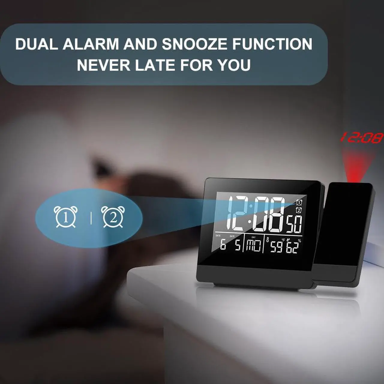 Alt view image 5 of 7 - Geevon Projection Clock With Temperature And Humidity Table Watch USB Digital LED Date Snooze Function Projector Alarm Clocks