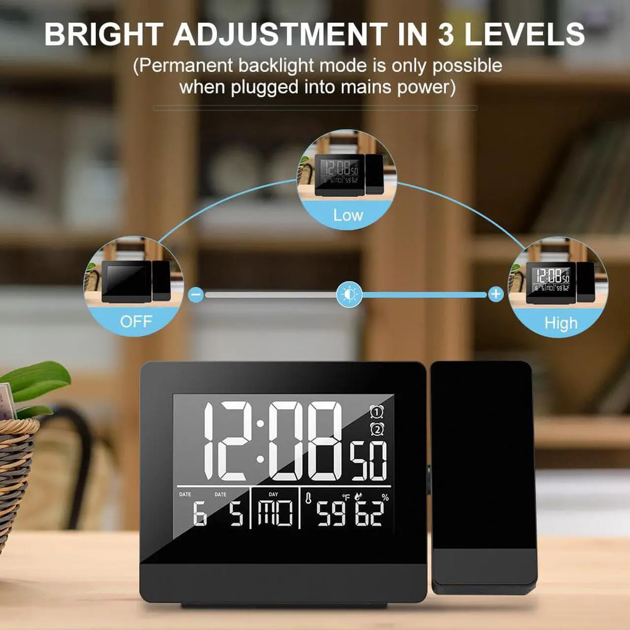 Alt view image 7 of 7 - Geevon Projection Clock With Temperature And Humidity Table Watch USB Digital LED Date Snooze Function Projector Alarm Clocks
