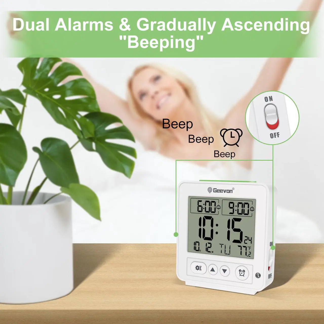 Alt view image 3 of 6 - Geevon Smart Night Light Small Digital Alarm Clock With 2 Increasing Beep Alarm,Indoor Temperature,Table Clock For Bedroom, Beds