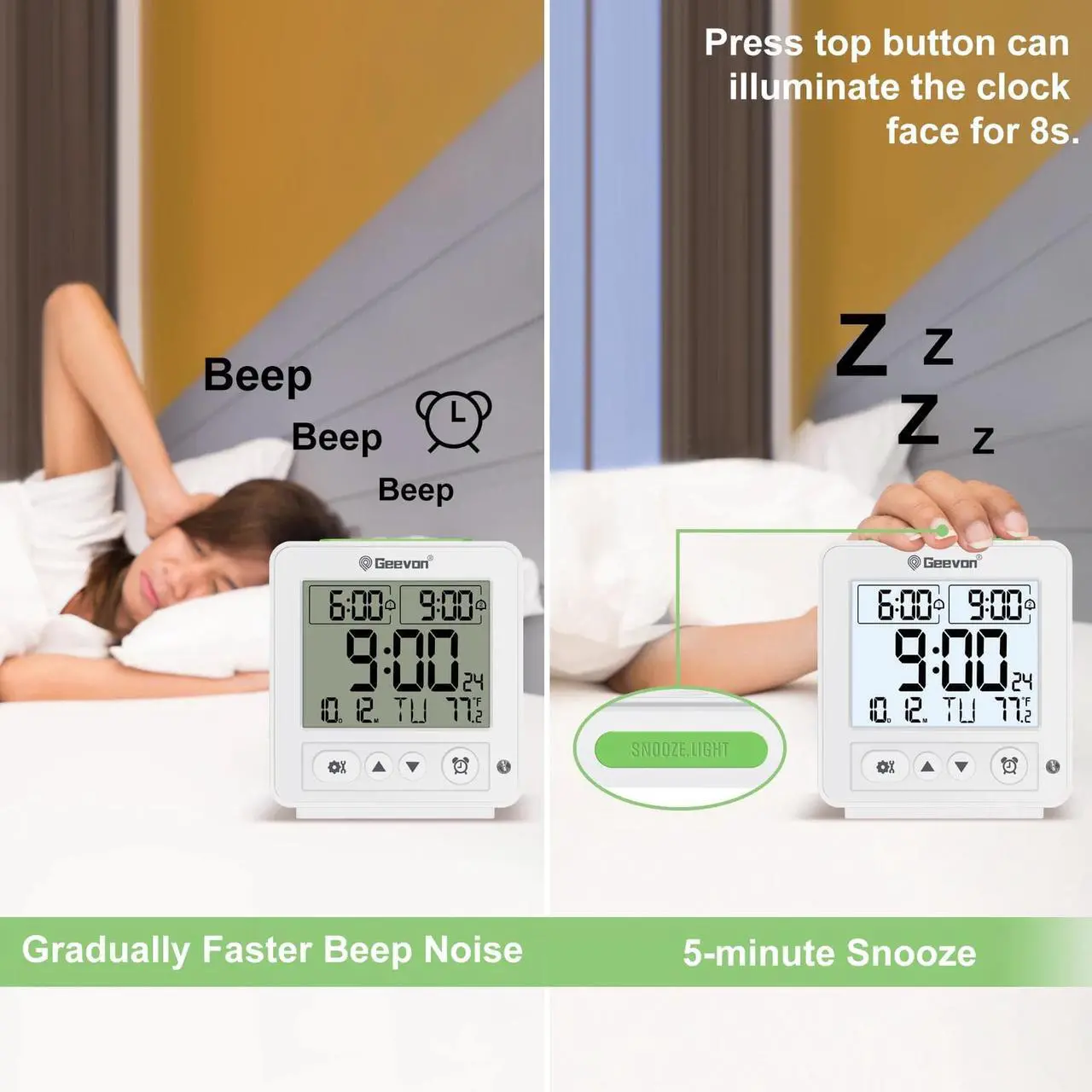 Alt view image 6 of 6 - Geevon Smart Night Light Small Digital Alarm Clock With 2 Increasing Beep Alarm,Indoor Temperature,Table Clock For Bedroom, Beds