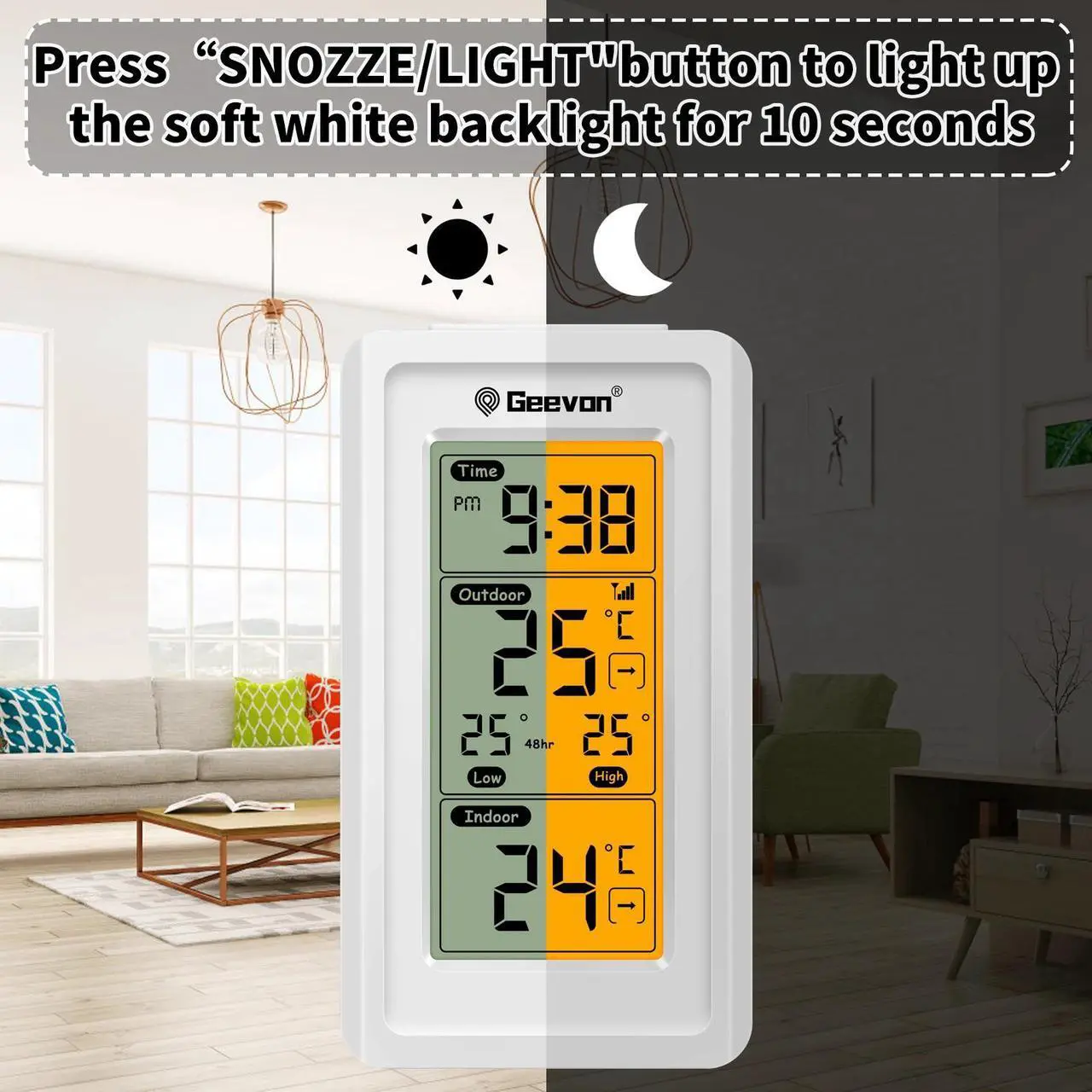 Alt view image 5 of 6 - Geevon Indoor Outdoor Thermometer Wireless Digital Temperature Gauge Weather Station Black With Backlight Support 3 Channels