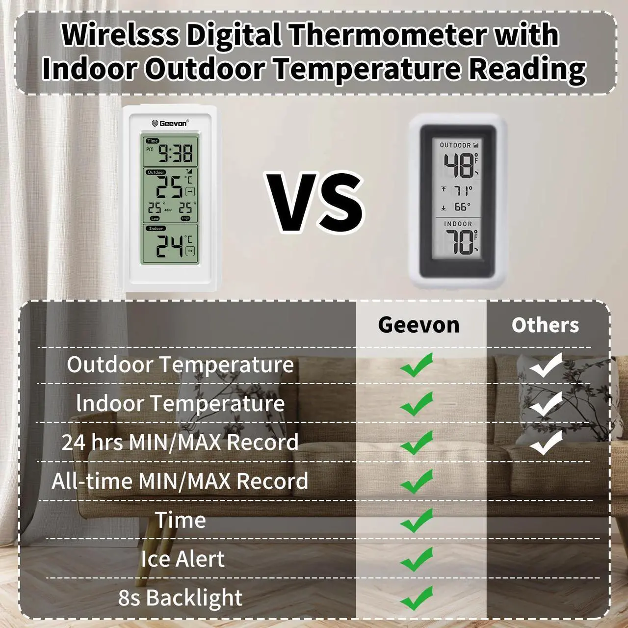 Alt view image 3 of 6 - Geevon Indoor Outdoor Thermometer Wireless Digital Temperature Gauge Weather Station Black With Backlight Support 3 Channels