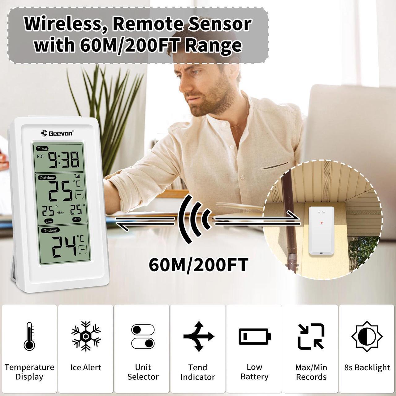 Alt view image 2 of 6 - Geevon Indoor Outdoor Thermometer Wireless Digital Temperature Gauge Weather Station With Backlight Support 3 Channels white