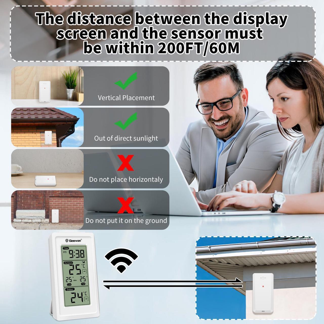 Alt view image 4 of 6 - Geevon Indoor Outdoor Thermometer Wireless Digital Temperature Gauge Weather Station With Backlight Support 3 Channels white