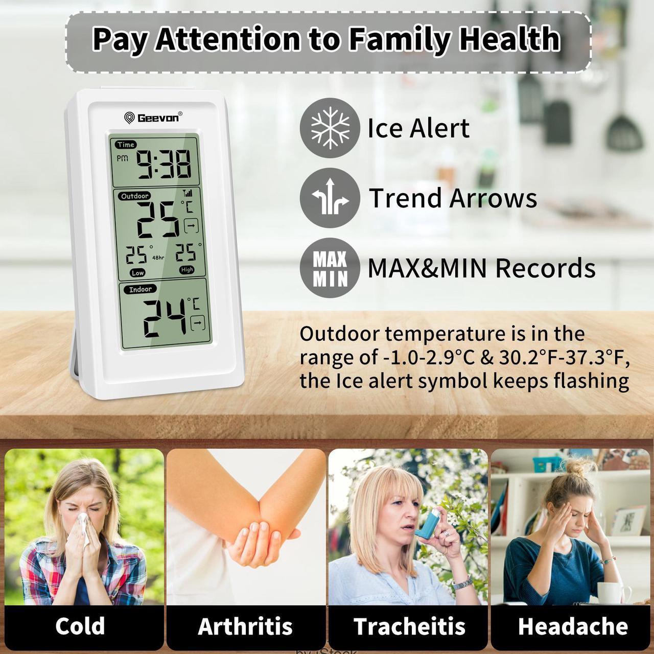 Alt view image 5 of 6 - Geevon Indoor Outdoor Thermometer Wireless Digital Temperature Gauge Weather Station With Backlight Support 3 Channels white