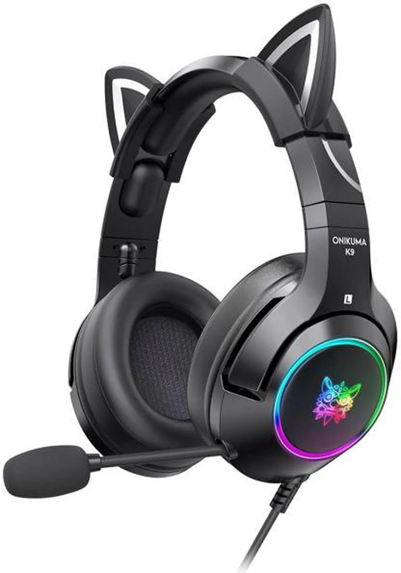 ONIKUMA K9 3.5mm Wired Gaming Headset Removable Cat Ears Headphones Noise Canceling Earphone with Microphone RGB LED Light Control Mute Mic for PC Laptop Smart Phone Black