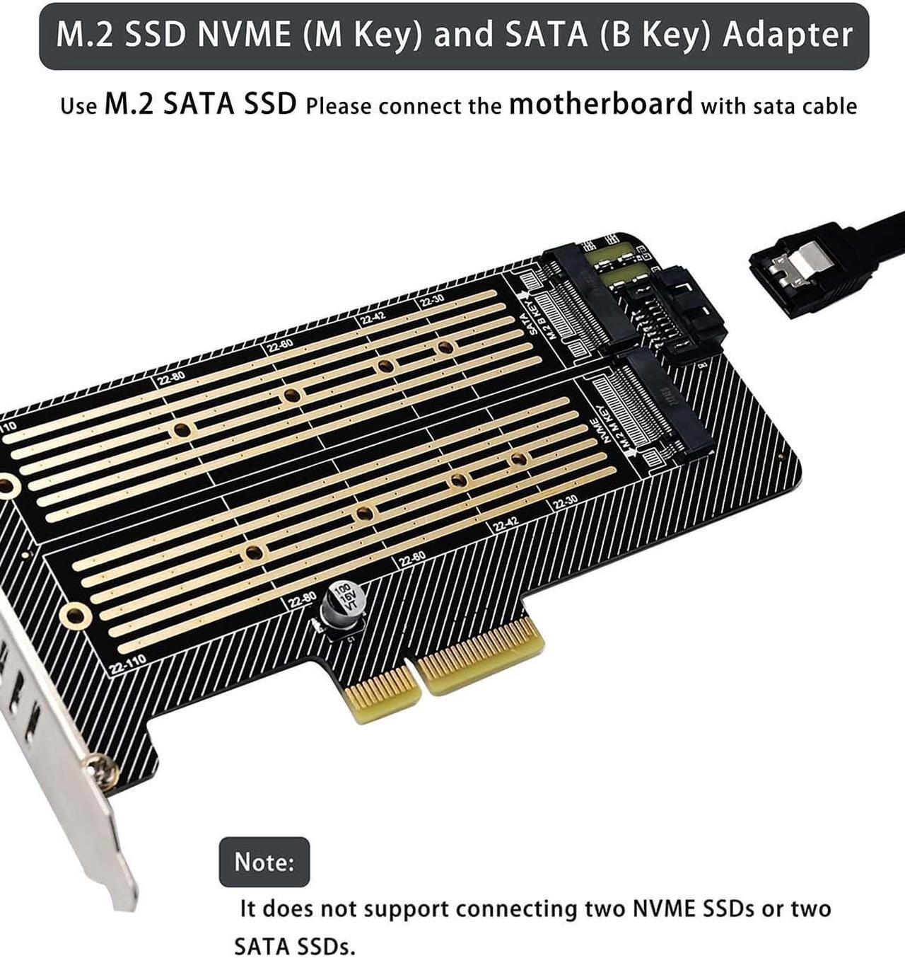 Alt view image 4 of 7 - Bailink Dual M.2 PCIE Adapter, M.2 SSD NVME (M Key) & SATA (B Key) Adapter with SATA cable for One M.2 NVMe and One SATA SSD 22110/2280/2260/2242/2230 to PCI-e x4 Host Controller Expansion Card