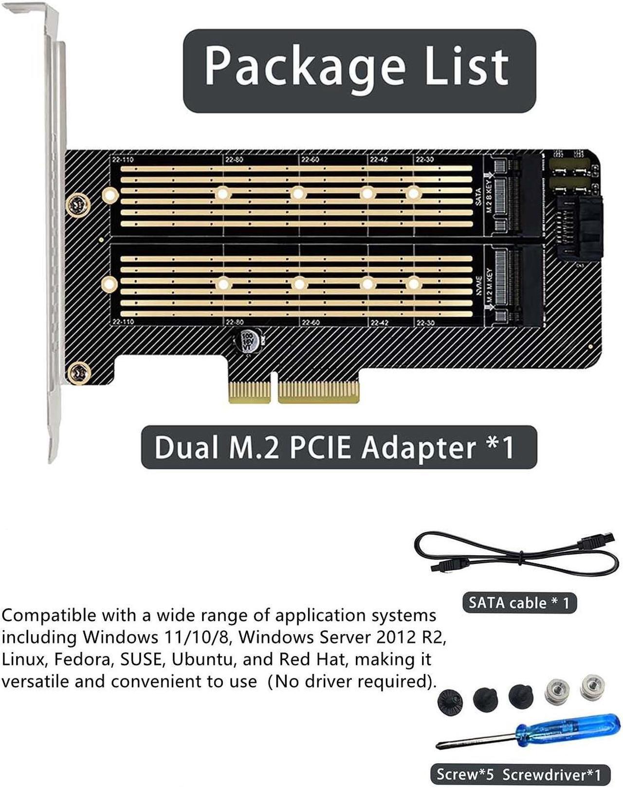 Alt view image 7 of 7 - Bailink Dual M.2 PCIE Adapter, M.2 SSD NVME (M Key) & SATA (B Key) Adapter with SATA cable for One M.2 NVMe and One SATA SSD 22110/2280/2260/2242/2230 to PCI-e x4 Host Controller Expansion Card