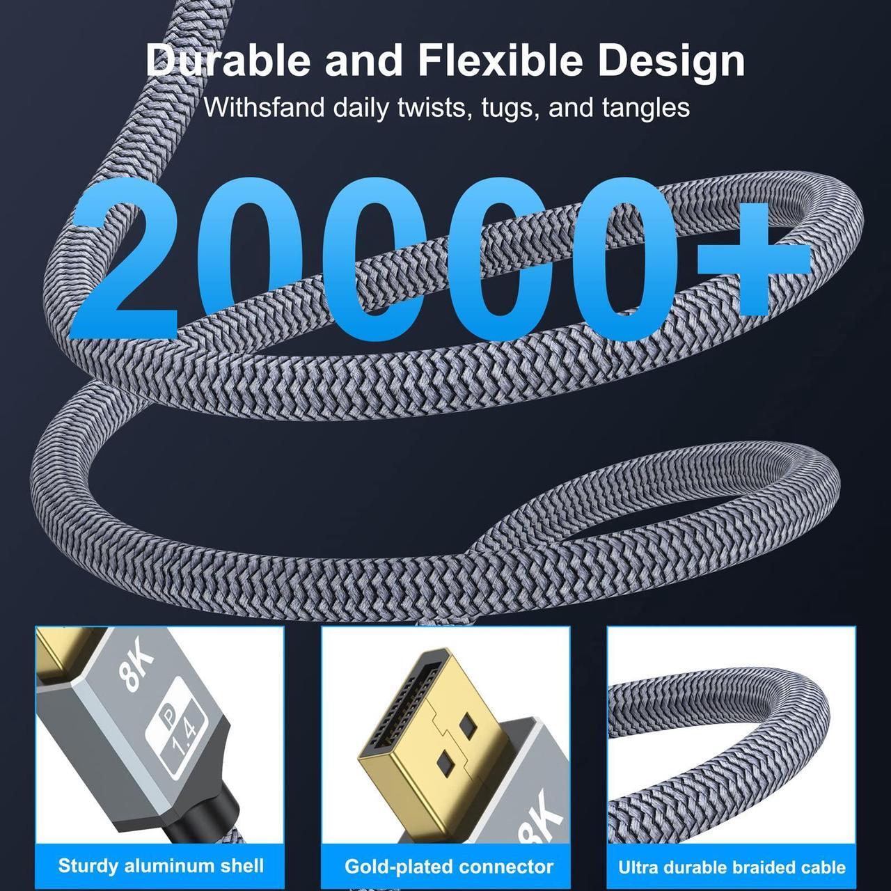 Alt view image 3 of 6 - Bailink 8K 4K DisplayPort Cable, 6.6ft DP Cable 1.4 [VESA Certified, 8K@60Hz, 4K@144Hz, 2K@240Hz], Bradied High Speed Display Port Cable 144Hz, for Gaming Monitor, HDR/FreeSync/G-Sync, Graphics Card