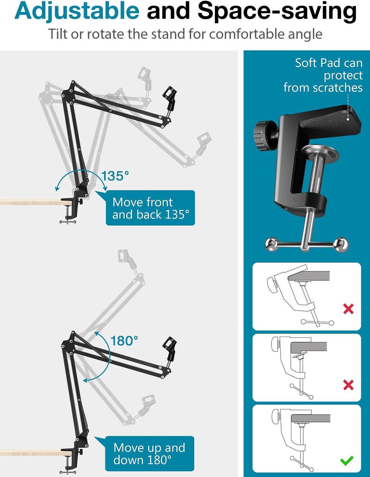 Alt view image 2 of 7 - Microphone Stand, Mic Arm Microphone Stand Boom Suspension Scissor Stand for Blue Yeti HyperX QuadCast S SoloCast Snowball Fifine K669B and other Mic, Shock Mount Windscreen Pop Filter Mic Clip Holder