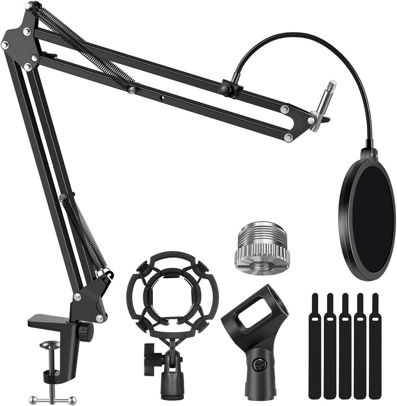 Main image of Microphone Stand, Mic Arm Microphone Stand Boom Suspension Scissor Stand for Blue Yeti HyperX QuadCast S SoloCast Snowball Fifine K669B and other Mic, Shock Mount Windscreen Pop Filter Mic Clip Holder