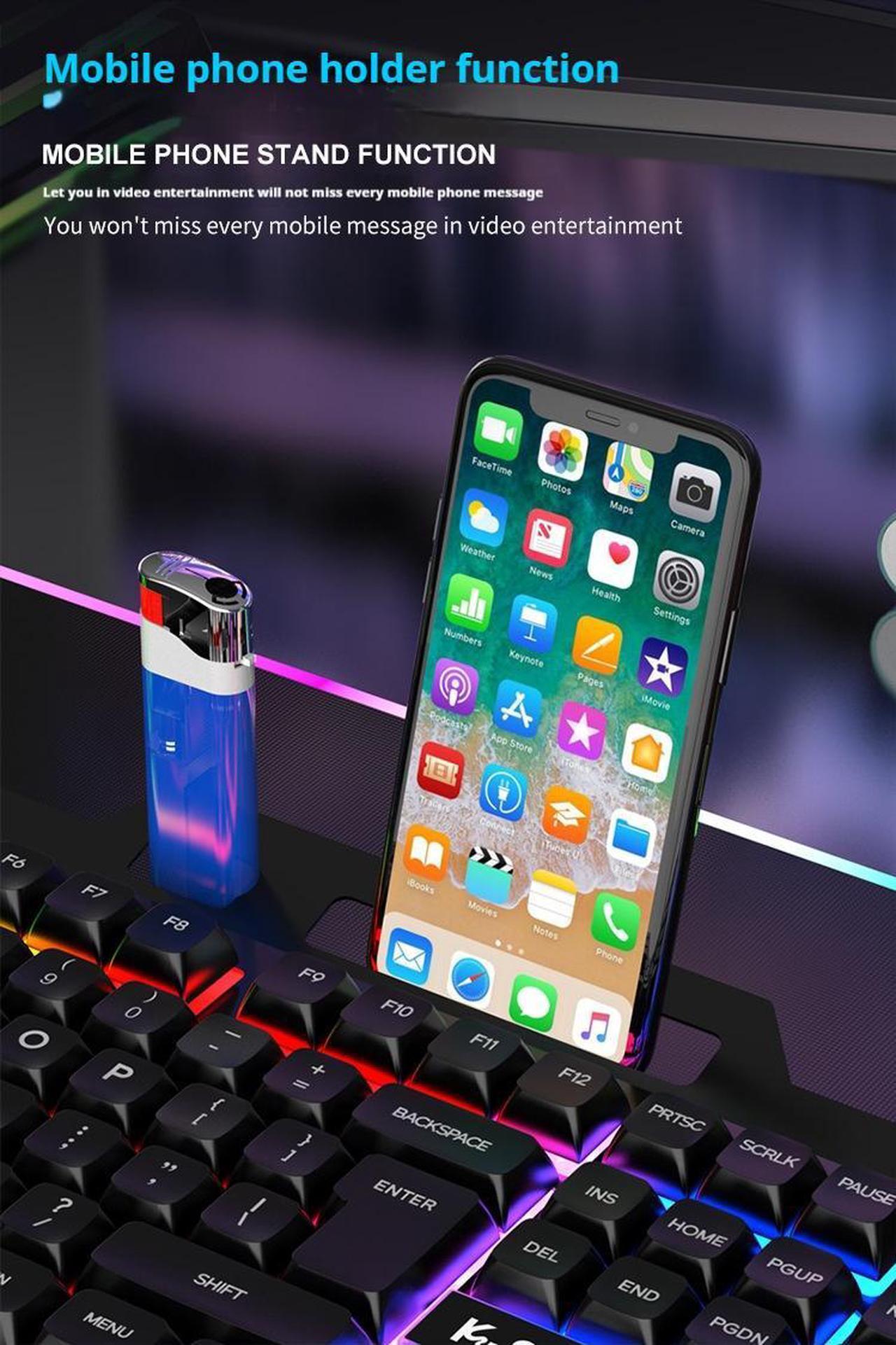 Alt view image 5 of 7 - Wired Membrane Gaming Keyboard, Backlit RGB LED, Metal Base, Phone Holder, 12 Multimedia Function Quiet Keys-for Computer, PC, Desktop, Gamer,Black