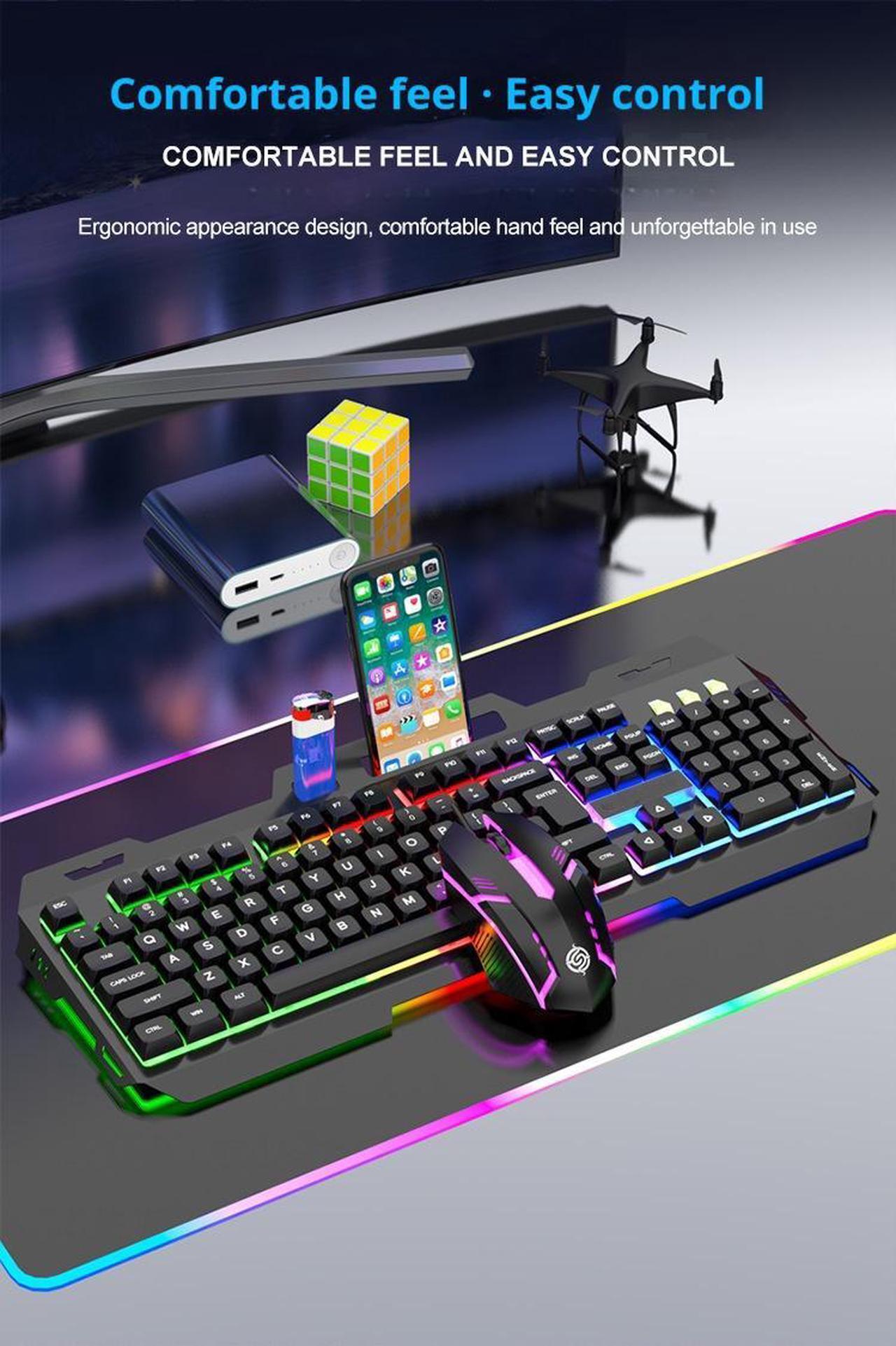Alt view image 7 of 7 - Wired Membrane Gaming Keyboard, Backlit RGB LED, Metal Base, Phone Holder, 12 Multimedia Function Quiet Keys-for Computer, PC, Desktop, Gamer,Black