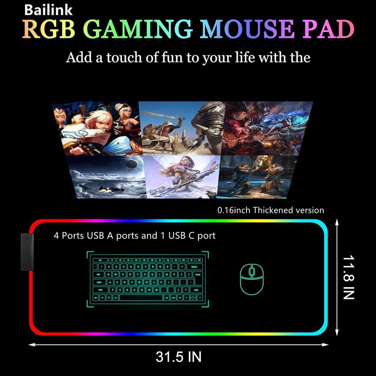 Alt view image 6 of 7 - Bailink Gaming Mouse Pad RGB Mouse Pad with 4 Port USB Ports and 14 Lighting Modes Large Non-Slip Rubber Base Waterproof Mouse Pad for Games, MacBook, PC, Laptop, 31.5x11.8x0.16 inch,Black