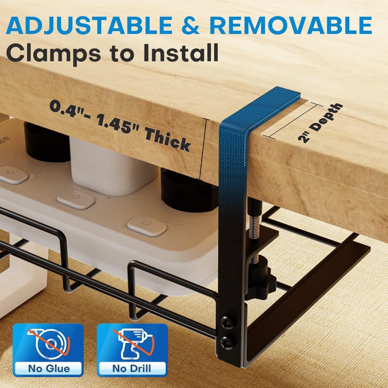 Alt view image 4 of 7 - No Drilling Under Desk Cable Management, Large Space Metal Desk Cable Management, Adjustable and Removable Cable Management Tray Fits Most Table, Come with 2 Self Gripping Cable Tie Roll