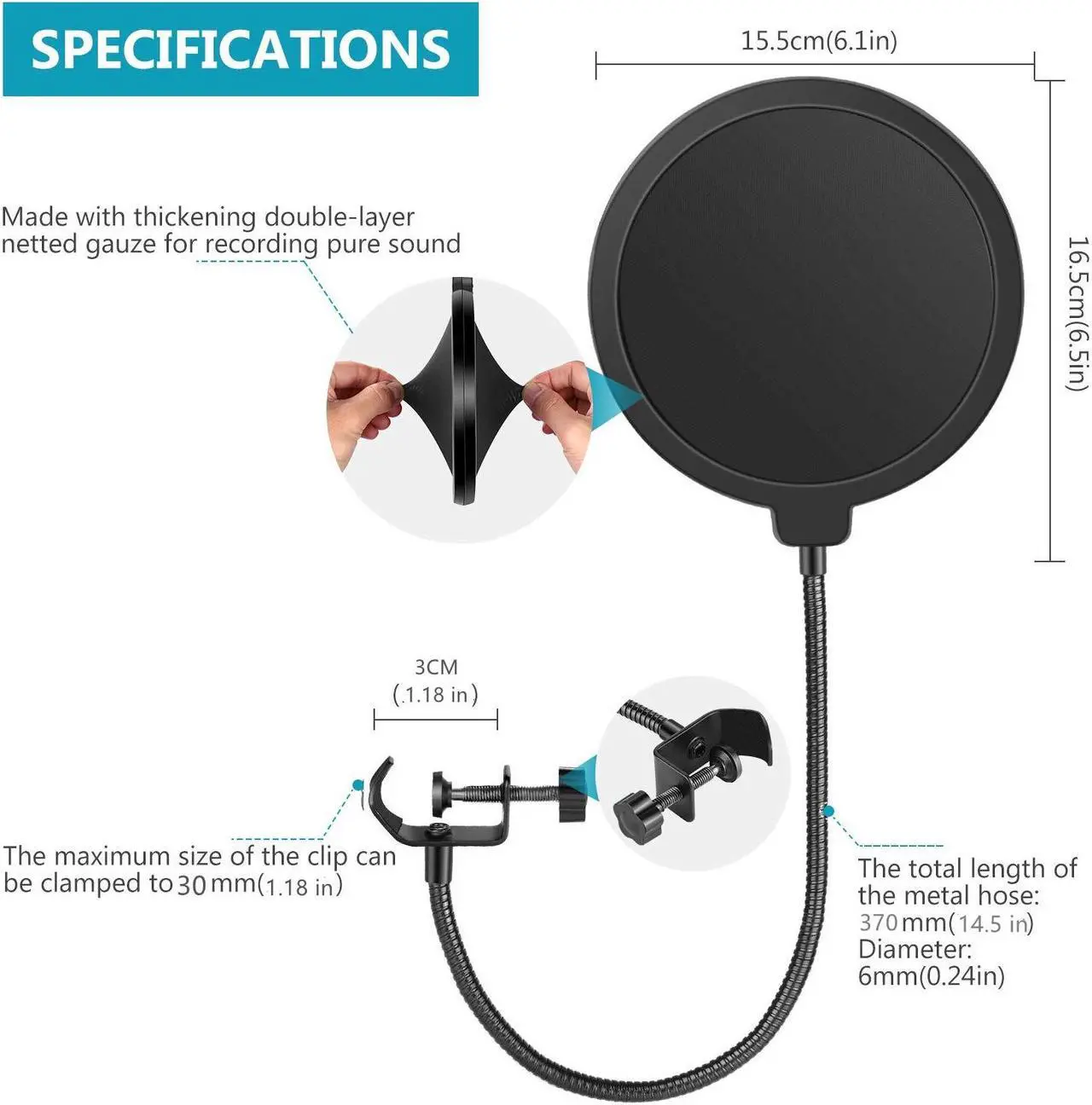 Alt view image 3 of 7 - Bailink Professional Microphone Pop Filter Shield Compatible with Blue Yeti and Any Other Microphone, Dual Layered Wind Pop Screen With A Flexible 360 Degree Gooseneck Clip Stabilizing Arm