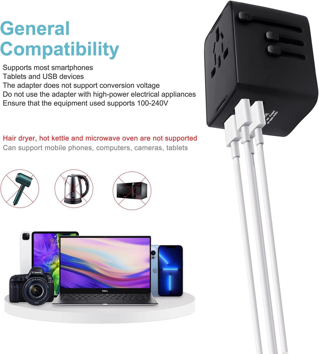 Alt view image 6 of 7 - International Travel Adapter Universal Travel Adapter with 6.3A Smart Power 3 USB A + 1 USB C Travel Essentials for US, EU, UK and Australia Travel Adapter AC Outlet Plug with with Carrying Case