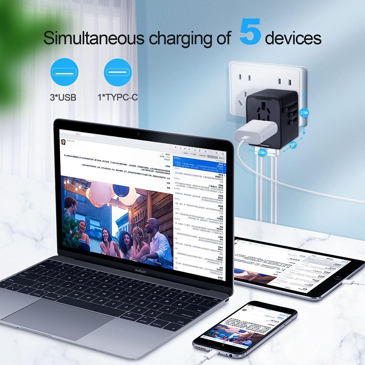 Alt view image 5 of 7 - International Travel Adapter Universal Travel Adapter with 6.3A Smart Power 3 USB A + 1 USB C Travel Essentials for US, EU, UK and Australia Travel Adapter AC Outlet Plug with with Carrying Case