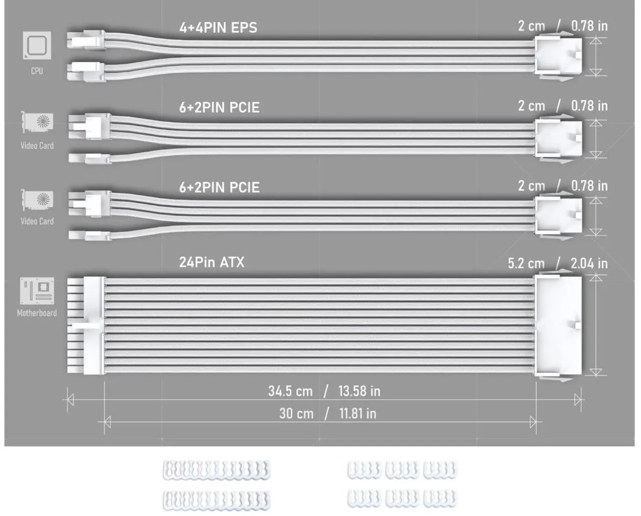 Alt view image 7 of 7 - Bailink PSU Extension Cable Sleeved Custom Mod PC Power Supply Cable, Soft Nylon Braided with Comb Kit 24PIN/8PIN to 6+2Pin/ 8PIN to 4+4PIN-30CM 300MM - All White Edition