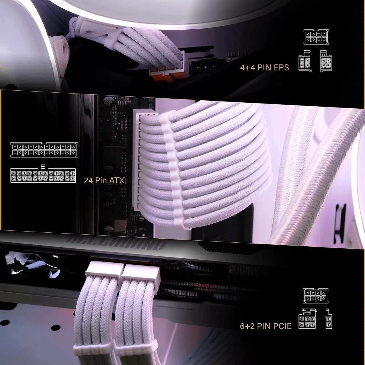 Alt view image 2 of 7 - Bailink PSU Extension Cable Sleeved Custom Mod PC Power Supply Cable, Soft Nylon Braided with Comb Kit 24PIN/8PIN to 6+2Pin/ 8PIN to 4+4PIN-30CM 300MM - All White Edition