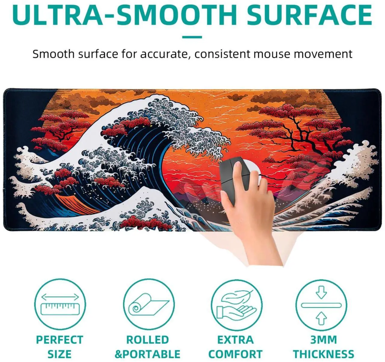 Alt view image 2 of 7 - Japanese Sea Waves Large Gaming Mouse Pad for Desk, Desk Mat with Seamed Edges, Waterproof Desk Pad, Non-Slip Rubber Base, 31.5x11.8 Inch Keyboard Pad Computer Mat, Big XL Mousepad