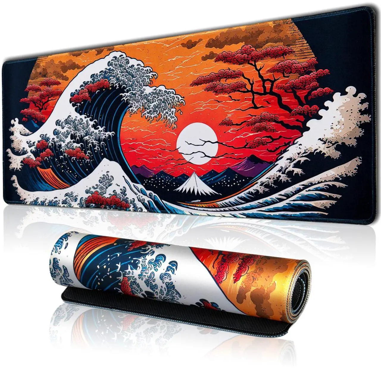 Main image of Japanese Sea Waves Large Gaming Mouse Pad for Desk, Desk Mat with Seamed Edges, Waterproof Desk Pad, Non-Slip Rubber Base, 31.5x11.8 Inch Keyboard Pad Computer Mat, Big XL Mousepad