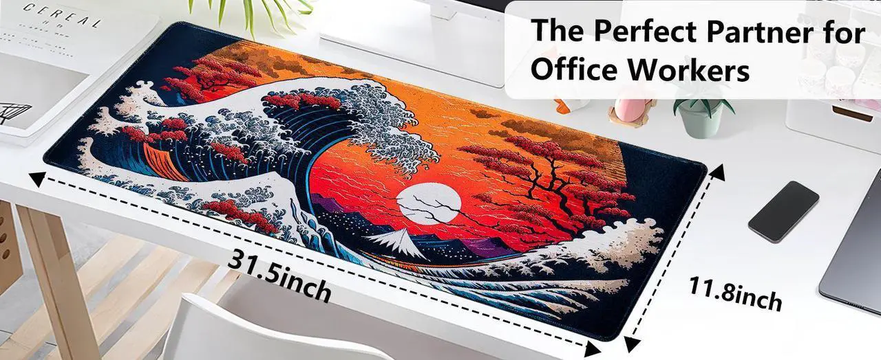 Alt view image 7 of 7 - Japanese Sea Waves Large Gaming Mouse Pad for Desk, Desk Mat with Seamed Edges, Waterproof Desk Pad, Non-Slip Rubber Base, 31.5x11.8 Inch Keyboard Pad Computer Mat, Big XL Mousepad