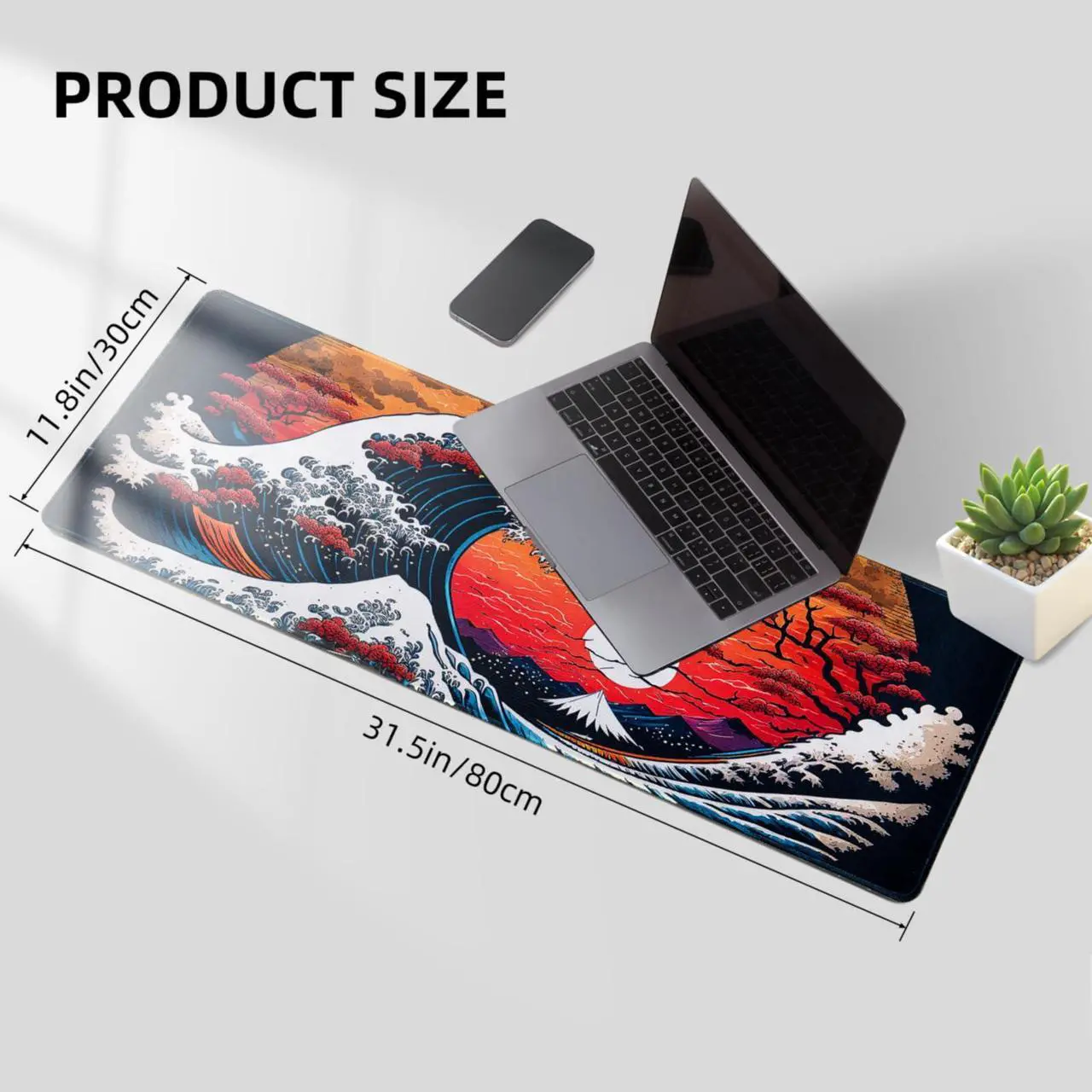 Alt view image 5 of 7 - Japanese Sea Waves Large Gaming Mouse Pad for Desk, Desk Mat with Seamed Edges, Waterproof Desk Pad, Non-Slip Rubber Base, 31.5x11.8 Inch Keyboard Pad Computer Mat, Big XL Mousepad