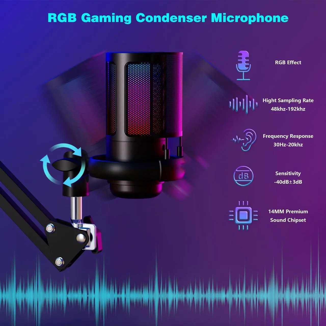Alt view image 3 of 7 - Bailink Gaming USB Microphone for PC, Home Studio Condenser Microphone with Boom Arm,USB Mic with Pop Filter, Gain Control for Podcast Recording, Streaming Microphone Kit for PS4/5 Mac Phone