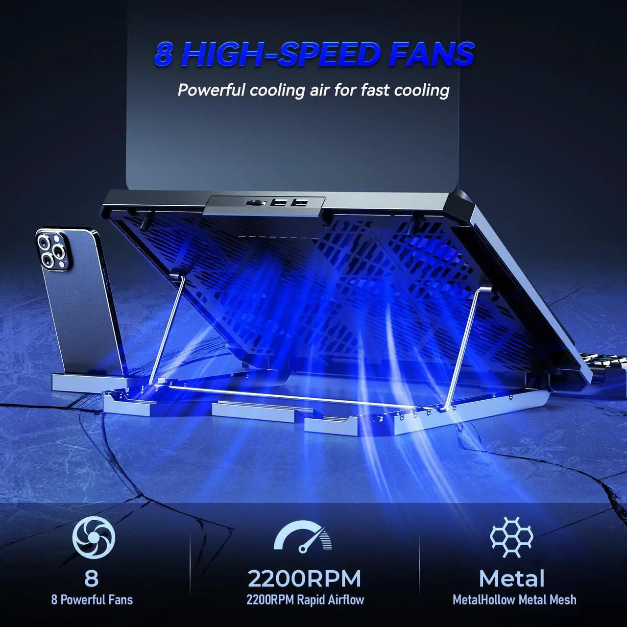 Alt view image 5 of 7 - Updated Gaming Laptop Cooling Pad with 8 Cooling Fans, Laptop Fan Cooler Pad for 15-17.3 Inch, Notebook Cooler Stand with 5 Height Adjustable, Ultra Thin Cooling Pad with Two USB Port + Phone Stand