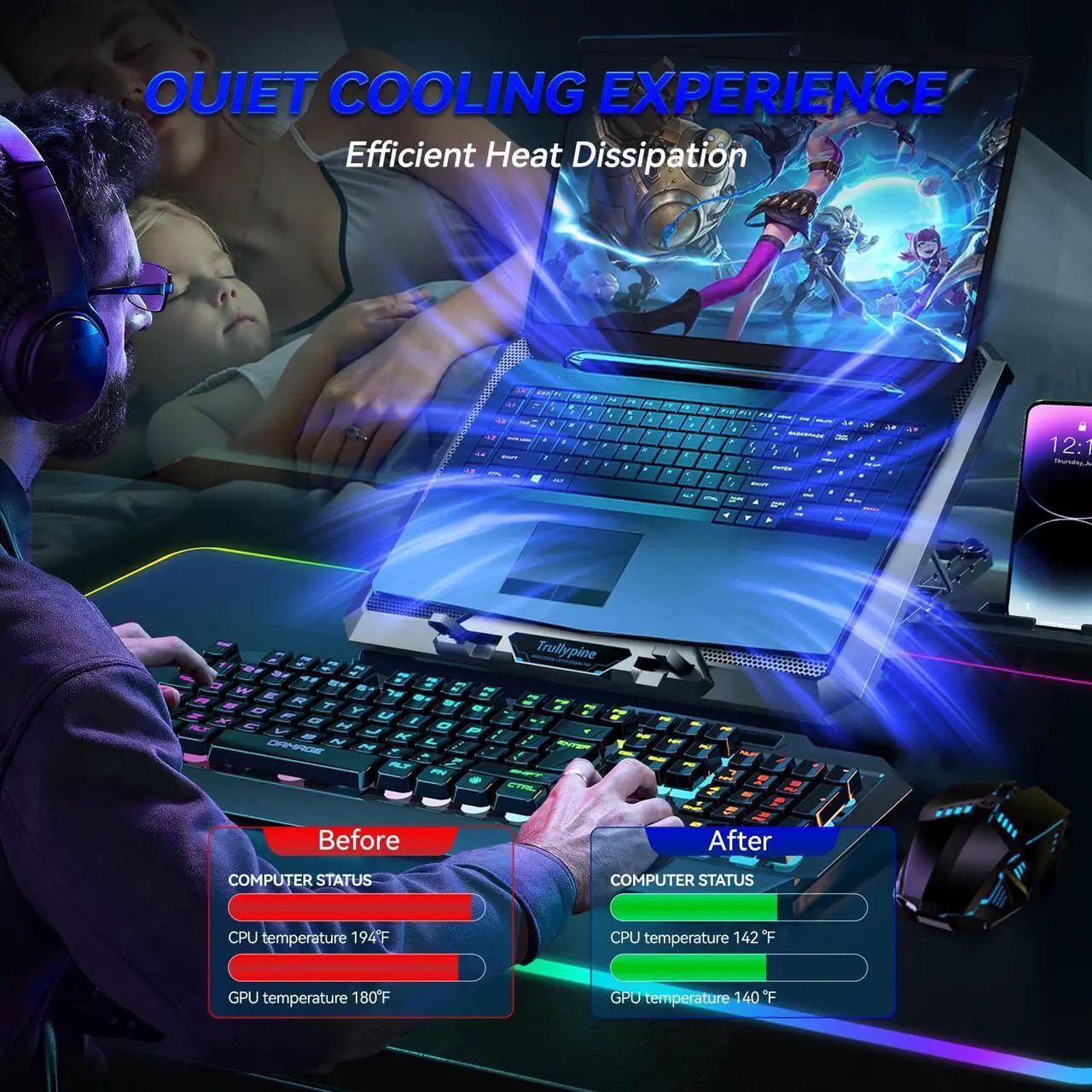 Alt view image 6 of 7 - Updated Gaming Laptop Cooling Pad with 8 Cooling Fans, Laptop Fan Cooler Pad for 15-17.3 Inch, Notebook Cooler Stand with 5 Height Adjustable, Ultra Thin Cooling Pad with Two USB Port + Phone Stand